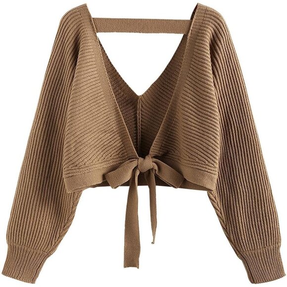 Women's Ribbed Knit Cropped Sweater V Neck Tie Back Drop Shoulder Casual - Picture 2 of 4